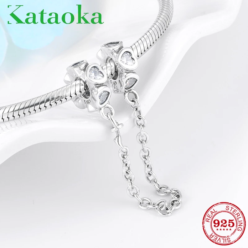 

2019 Fashion 925 Sterling Silver DIY Heart clear CZ fine Safety Chain Beads Fit Original Pandora Charms Bracelet Jewelry making