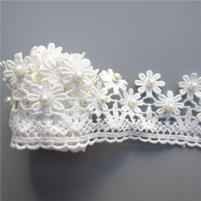 3 Yard White Cotton Pearl Flowers Embroidered Lace Trim Ribbon Applique