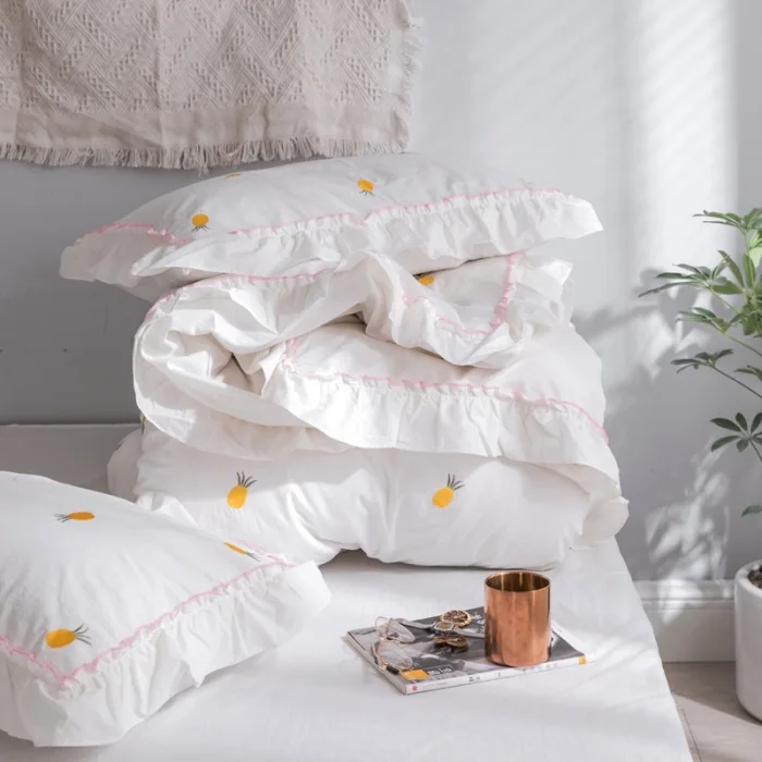 

Ins cotton small fresh 100% cotton 4pcs set star love pineapple letter embroidery Korean princess bedding set queen King size