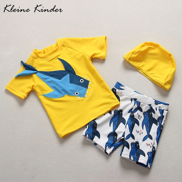 Best Price Boys Swimsuit Cartoon Shark Yellow Kids Swimwear Boy Separate 2 pieces Rash Guards Children's Swimsuit Beach Baby Bathing Suits