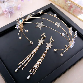 

2018 new golden bride tiara stars hairband crown earrings sets hair accessories exquisite handmade crystal wedding accessories