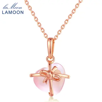 

LAMOON Love Heart Shape Natural Gemstone Rose Quartz Chain Pendent Necklace For Women 925 Sterling Silver Fine Jewelry LMNI016