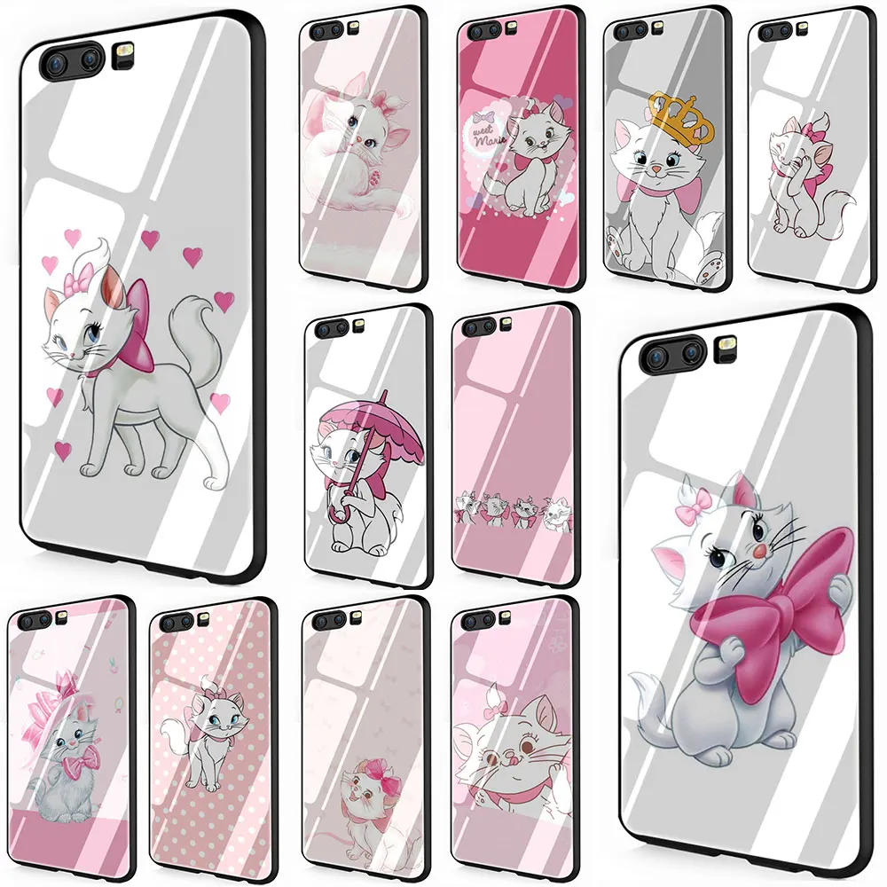 

Marie Cat Cartoon Tempered Glass Cover Case for Huawei P10 P20 P30 Mate 20 Honor 9 10 Lite Pro 7A 8X P Smart
