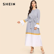 SHEIN Контрастное Платье С Поясом И Оригинальным Рукавом Женские Весенние Многоцветные Модные Платья С Длинными Рукавами И Оборками