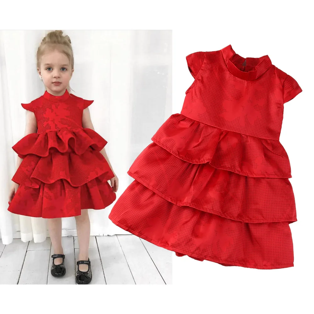 

Summer Cute red Ball Gown Girls Dresses Kid Girl Party Dress Sleeveless O Neck Cake Ruffled Tutu Bubble Dress 1-5Y