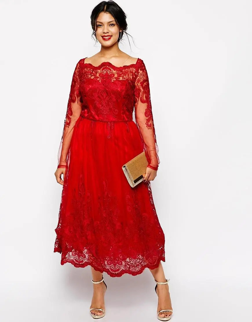 Aliexpress.com : Buy Stunning Red Plus Size Evening Dress Long Sleeve ...