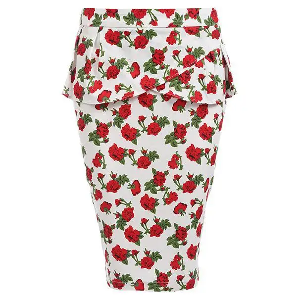 FINEJO юбка летняя с красным цветочным принтом Винтажный стиль Высокая талия цветочный для женщин баски карандаш юбка миди saias женский черный