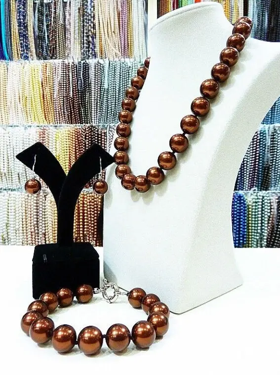 

14mm coffee South Sea shell pearl necklace bracelet earrings set AAA style Fine Noble real Natural free shipping