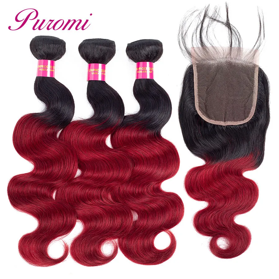 Puromi перуанский объемная волна Ombre Пучки Волос с закрытия свободной части 1b/бордовый человеческих волос Weave 3 Связки с застежка не Remy