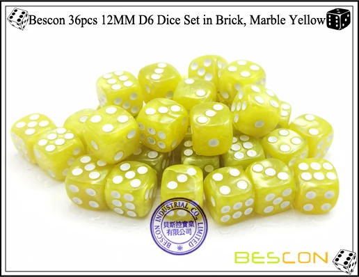 Bescon 12 мм 6 кубиков 36 в коробка в форме лего-блока, 12 мм шестигранники под давлением(36) кубиков, Мрамор желтого цвета