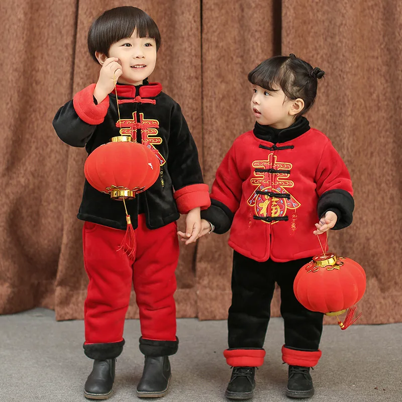 

2019 new top quality Children's Suit Winter New Boy Child Jacket Pants Warm New Year Birthday Tang Suit