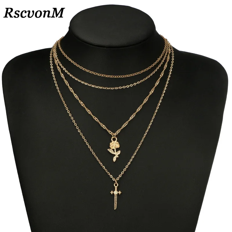 

RscvonM New 2019 Rose Flower Cross Pendant Long Necklace For Women Girls Trendy Gold Color Multi Layers Chain Necklaces Jewelry