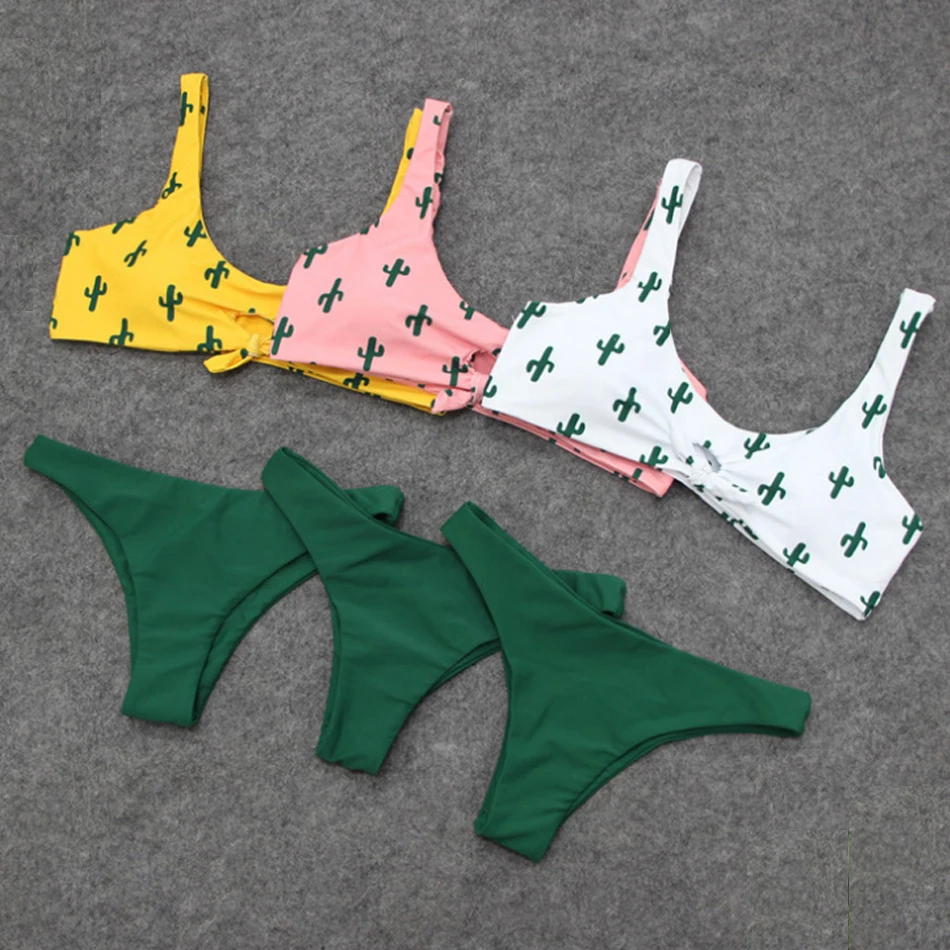 

Cactus Print Bikini Set Sexy Tie Front Bikini 2019 Solid Swimwear Women Sport Swimsuit Female Push Up Swimming Suit Beachwear