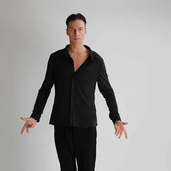 

2019 Latin Dance Shirts Mens pure black Tops Performance Competition Clothing Modern Dance Shirt Sexy Dance Costumes DQS1105