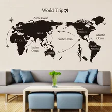 Autocollants muraux en vinyle carte du voyage du monde noir, papier peint 3D, décoration pour chambre d'enfant, décor de maison, bureau, Art
