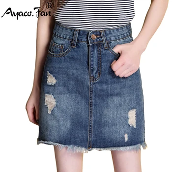 

Women Denim Skirts Summer 2019 New Sexy Hole Tassel High Street Loose A-Line Skirts for Girls Female Lady Casual Slim Blue Skirt