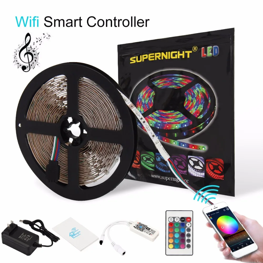 

RGB LED Strip Lights Kit SMD 3528 5M 60LEDs/m DC 12V Flexible Lamp Band with Smart Wifi IR Remote Controller 24W Power Adapter