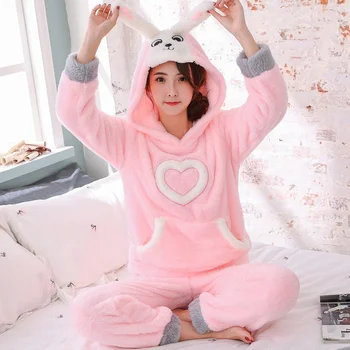 

JINUO New Design Cartoon Wind Hooded Women Winter Flannel Pajama Sets Ladies Cartoon Lovely Rabbit Soft Home Wear Sleepwear
