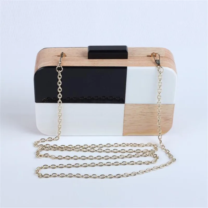 

Retro Patchwork Black and White Wooden Clutch Bag Personality Women Evening Bag Party Bag Mini Chain Shoulder Bag Purses Handbag