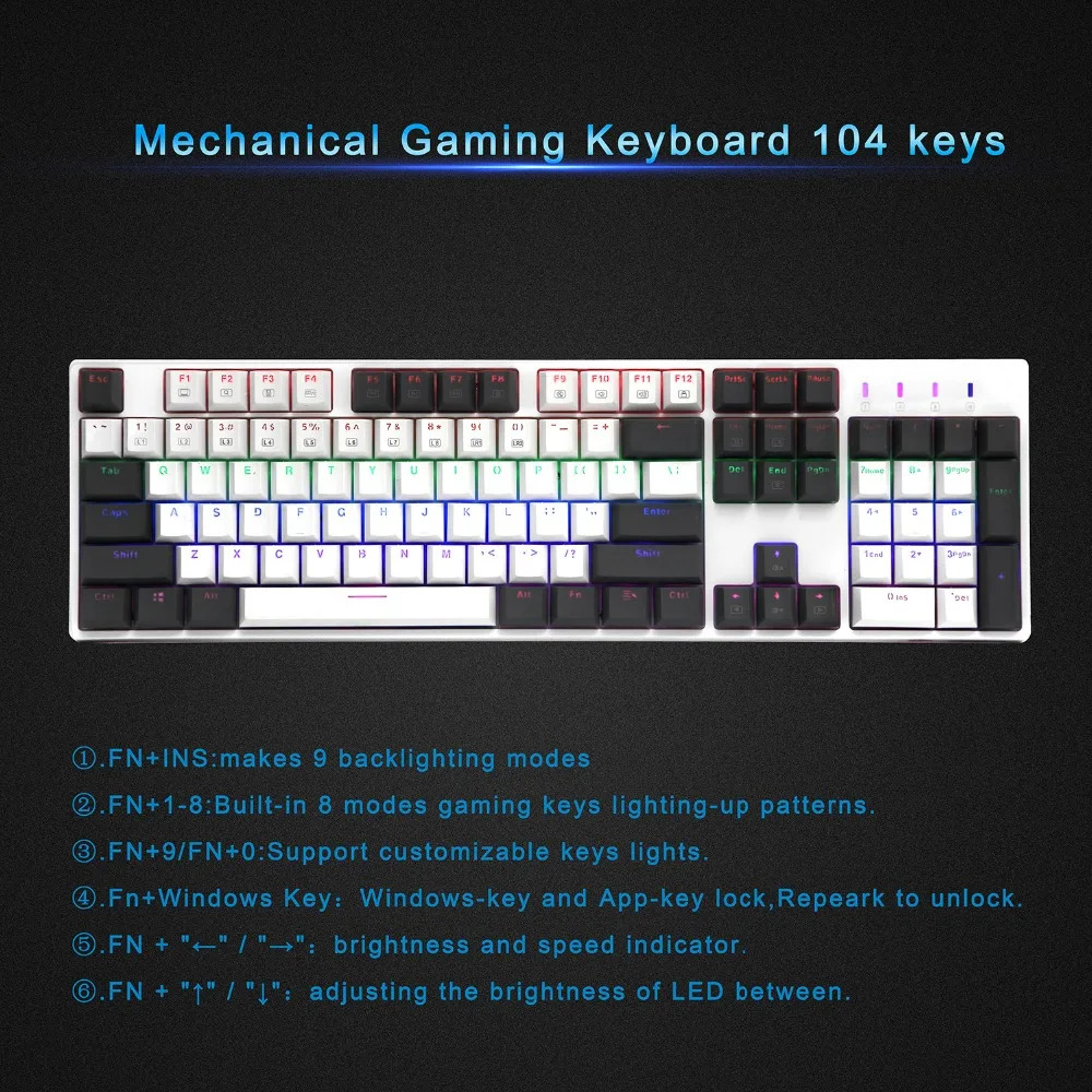  Contrast Color Mechanical Keyboard with LED Backlight Outemu Clicky Blue Switches USB Wired for Typ