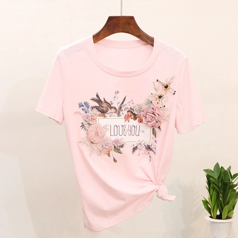 Женская футболка с 3D вышивкой, футболка с бисером, топы с круглым вырезом, коротким рукавом, аппликацией в виде цветка, женские футболки, весенне-Летняя женская одежда