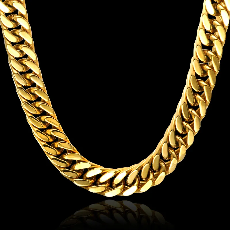 

HIP Hop 24 INCH IP Gold Filled Heavy Titanium Stainless Steel Double Curb Cuban Link Rombo Chain Necklaces for Men Jewelry