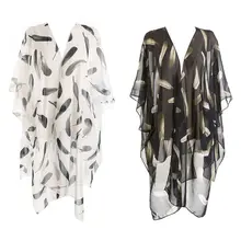 Women Summer Travel Half Sleeves Swimsuit Cover Up Boho Ink Painting Feather Patterns Printed Kimono Cardigan Sun Protection Sem novelty collarless half sleeves high low tassel embellished kimono for women