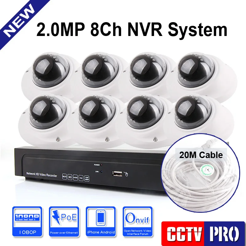 

8CH 1080P 8 Channel 2.0MP POE NVR Kit System Dome IP Camera System P2P Cloud NVR Onvif 2.0 Easy Access Support PC&Mobile View