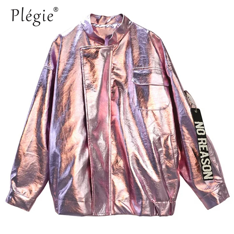 

Plegie Japanese Streetwear Jackets Bright Pink Sliver Faux Leather Overcoats 2018 Fashion Casual Windbreaker Hip Hop PU Jacket
