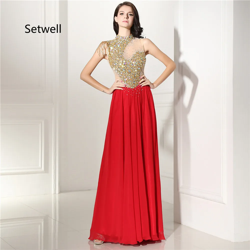 US $169.0 |Setwell Beautiful Red Chiffon Prom Dresses 2017 High Neck Illusion Backless Prom Dress Gold Sequin Evening Gowns-in Prom Dresses from ...