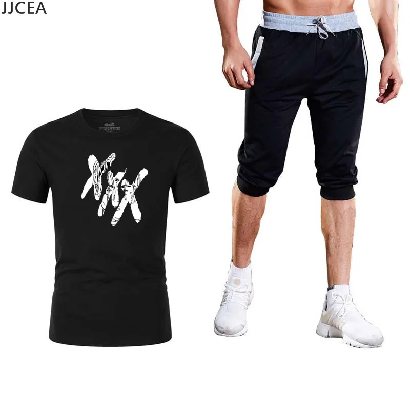 Высокое качество Новая мужская спортивная одежда костюм тренажерный зал мужская футболка + шорты костюм печать XXX модная футболка шорты 2019