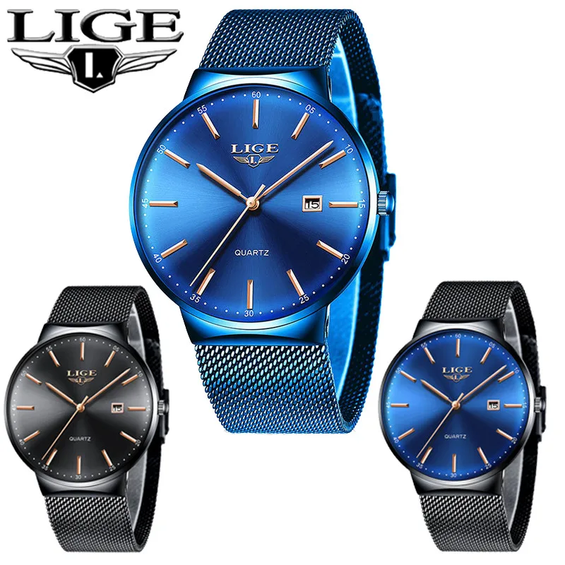 

LIGE Stainless Steel Mesh Belt Sport Luxury reloj hombre Top Brand Quartz Waterproof Chronograph Fashion Date relogio masculino