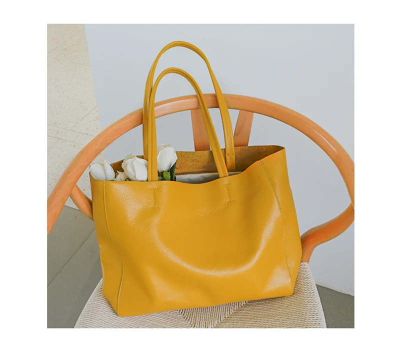 Women Luxury Bag Casual Tote Female Lemon Yellow Fashion Shoulder Handbag Lady Cowhide Genuine Leather Shoulder Shopping Bag