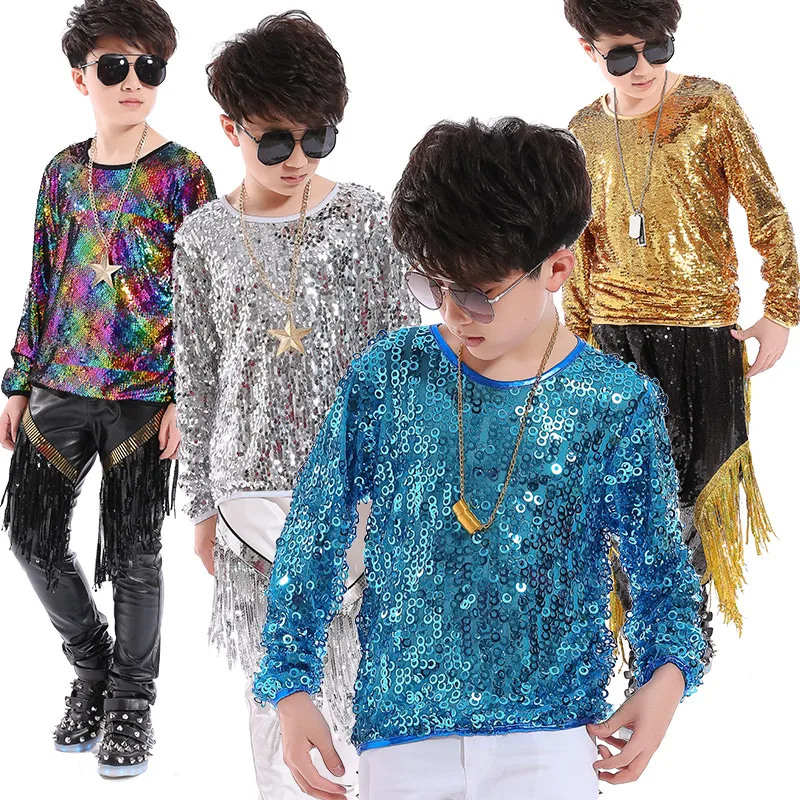 

Jazz Dance Costumes Sequined Long Sleeved Top Kids Hip Hop Clothing Boys Street Dancing Children Stage Performance Wear DNV11062
