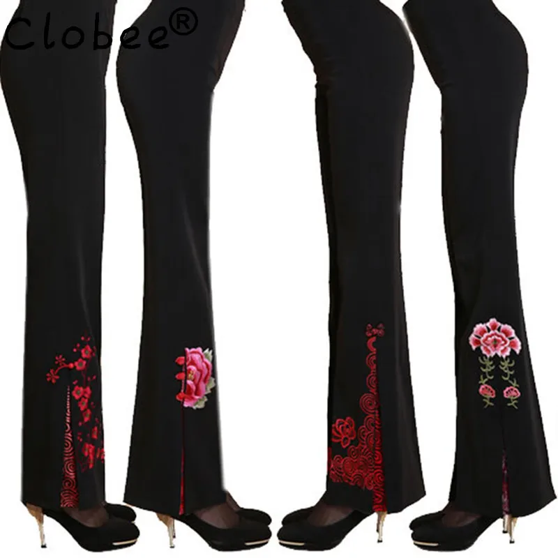 

Flare Pants Women Long High Waist Flare Leg Pants Embroidery Black Office Pants 5XL Skinny Flare Dance Pants Slim Trousers A2