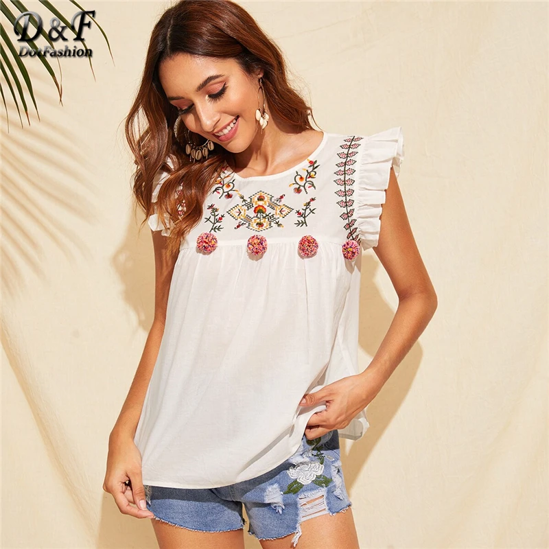 

Dotfashion Ruffle Trim Pompom Detail Floral Embroidery Womens Tops And Blouses 2019 Summer Boho Sleeveless Clothing Ladies Tops