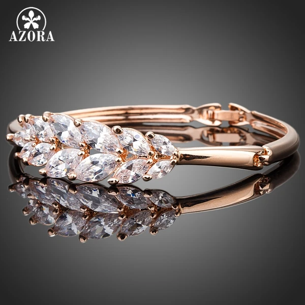 AZORA Gold Color 13pcs Clear Waterdrop Cubic Zirconia Symmetrical Feather Bangle Bracelet TB0054