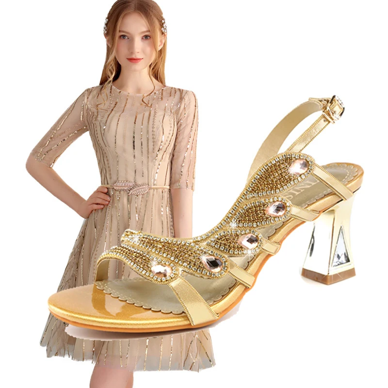 

New Elegant Woman Evening Dress Shoes Match Golden Bling Dress Rhinestone Leather High-heeled Shoes Women Clothes Size S-XXL