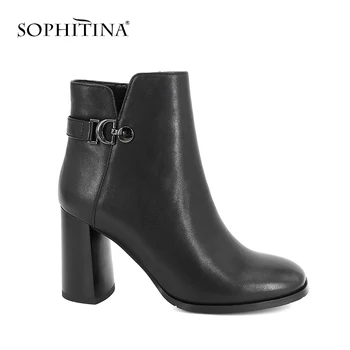 

SOPHITINA Winter Women's Genuine Leather Boots Round Toe Super High Square Heel Ankle Shoes Fashion Metal Decoration Boots M92