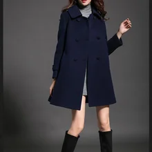 Женское зимнее двубортное шерстяное пальто черного, красного, темно-синего цвета с отворотами, свободный стиль, модное пальто свободного покроя размера плюс, новинка