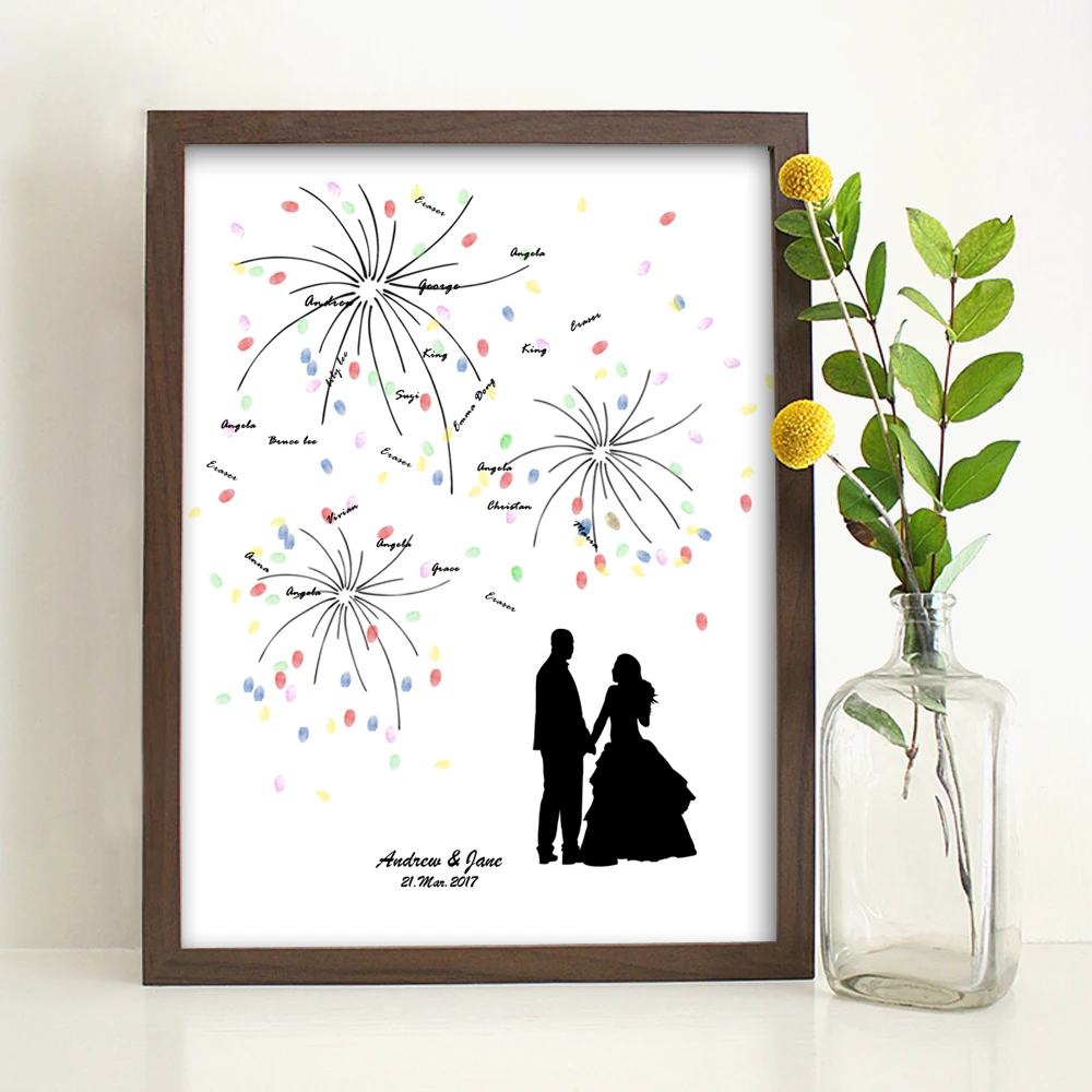 Bride and Groom Under the Fireworks,Personalized Fingerprint Guestbook