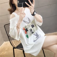 Plus Size T shirt Dress 2019 Summer Cartoon Medium Long Loose Korean Large Size Women Print Short-sleeve T-shirt Bare Shoulders long sleeve plus size palm print asymmetrical t shirt