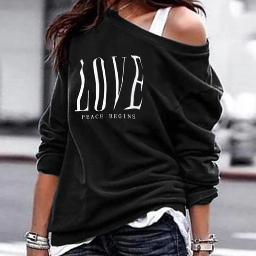 

2018 Fashion Women T Shirts Letter Print Long Sleeve Ladies Pullover Sweatshirts Loose Cold Shoulder Tee Tops