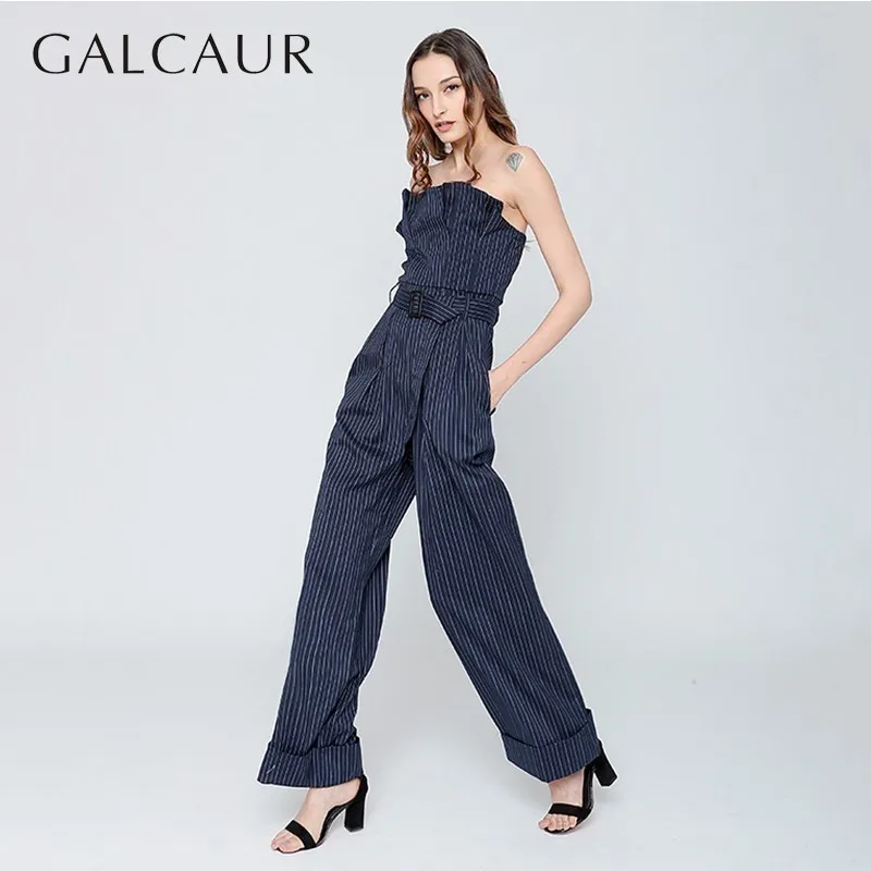 

GALCAUR Sexy Sleeveless Striped Jumpsuit Woemn Strapless High Waist With Sashes Ruched Wide Leg Pants Female Spring Fashion 2019