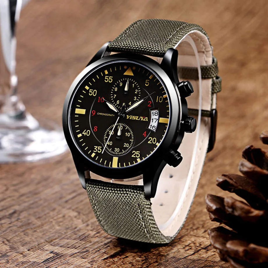 YISUYA Famous Brand Mens Watches Nylon Genuine Leather Wrist Watch Men's Date Chronograph Army Military Clock erkek kol saati (20)