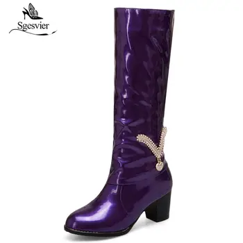 

Sgesvier Large Size 34-48 Thick Heel Women Shoes Woman Sexy Slip On Square High Heels Knee High Boots Winter Black Red OX732