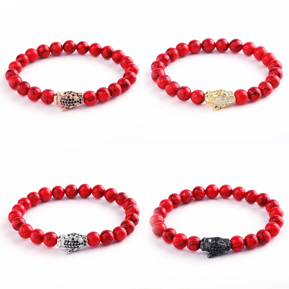 Natural Stone Strand Men's Bracelet Red Bead Bracelet Leopard Head