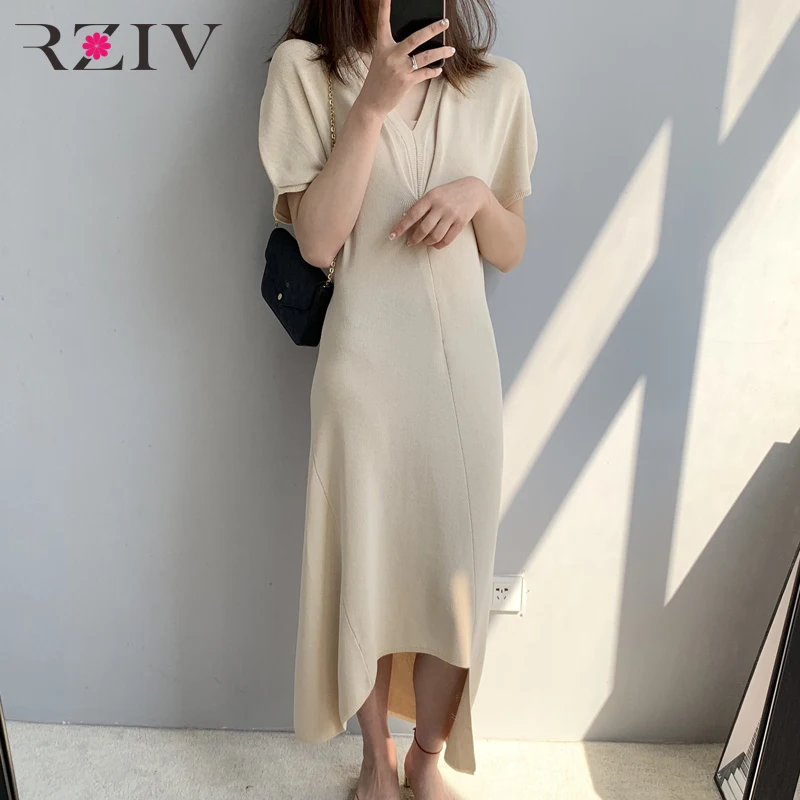 

RZIV Spring Women's Dress Casual Solid Color V-neck Slim Irregular Knit Dress