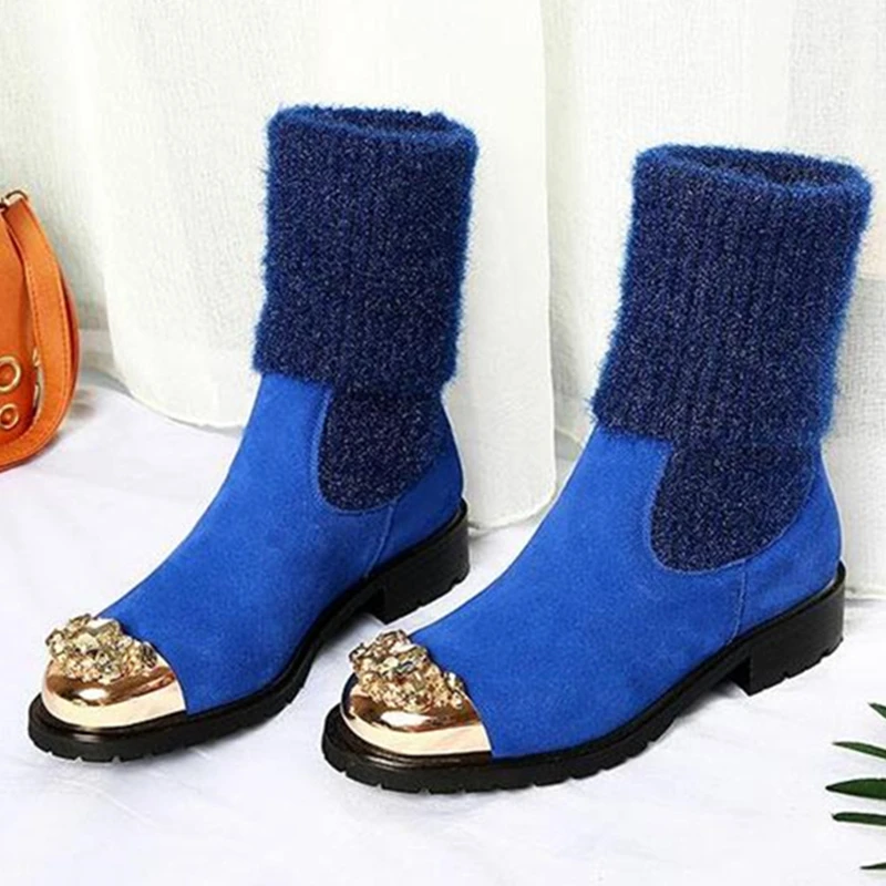 

Genuine Leather Suede Sock Booties Red Blue Green Crystal Embellished Metal Toe Women Flats Autumn Winter Boots Women Shoes 2018