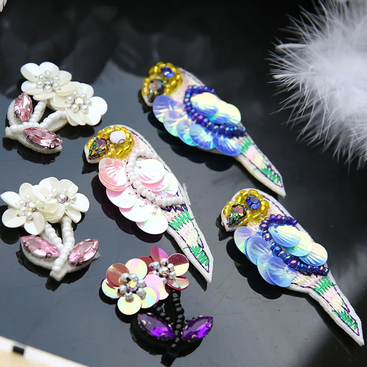 

Bird 3d flowers Beaded Lace applique patches sequins embroidery patch DIY Clothes and shoes decorative accessories